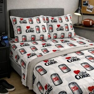 Diet Coke Twin Sheet Set 4-Piece I Heart Soda Can Bedding Dorm Room College NWT